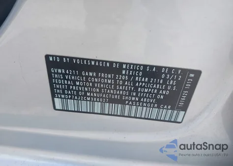 2012 Volkswagen Jetta 2.5L Se from USA, damaged, VIN 3VWDP7AJ2CM386027